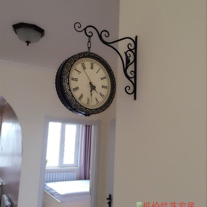 包邮欧式铁艺挂钟.田园铁艺双面.客厅静音钟表.壁挂太阳机芯挂钟