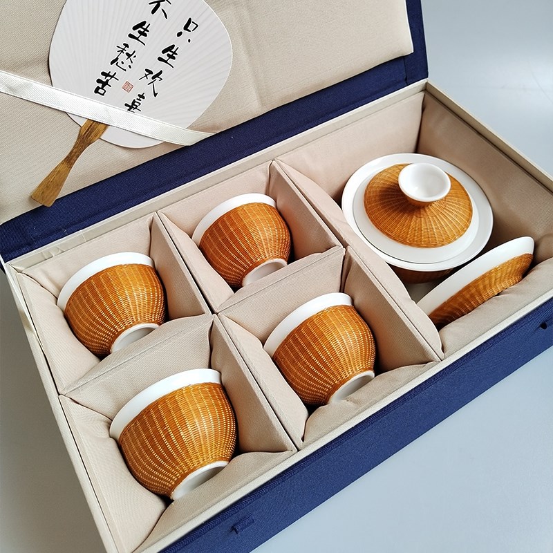 竹丝扣瓷茶具盖碗套装非遗特色瓷胎竹编茶具商务送礼送外国友人