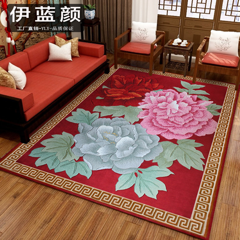 伊蓝颜中式荷花中国风莲花新中式客厅卧室床边毯佛寺禅意羊毛地毯