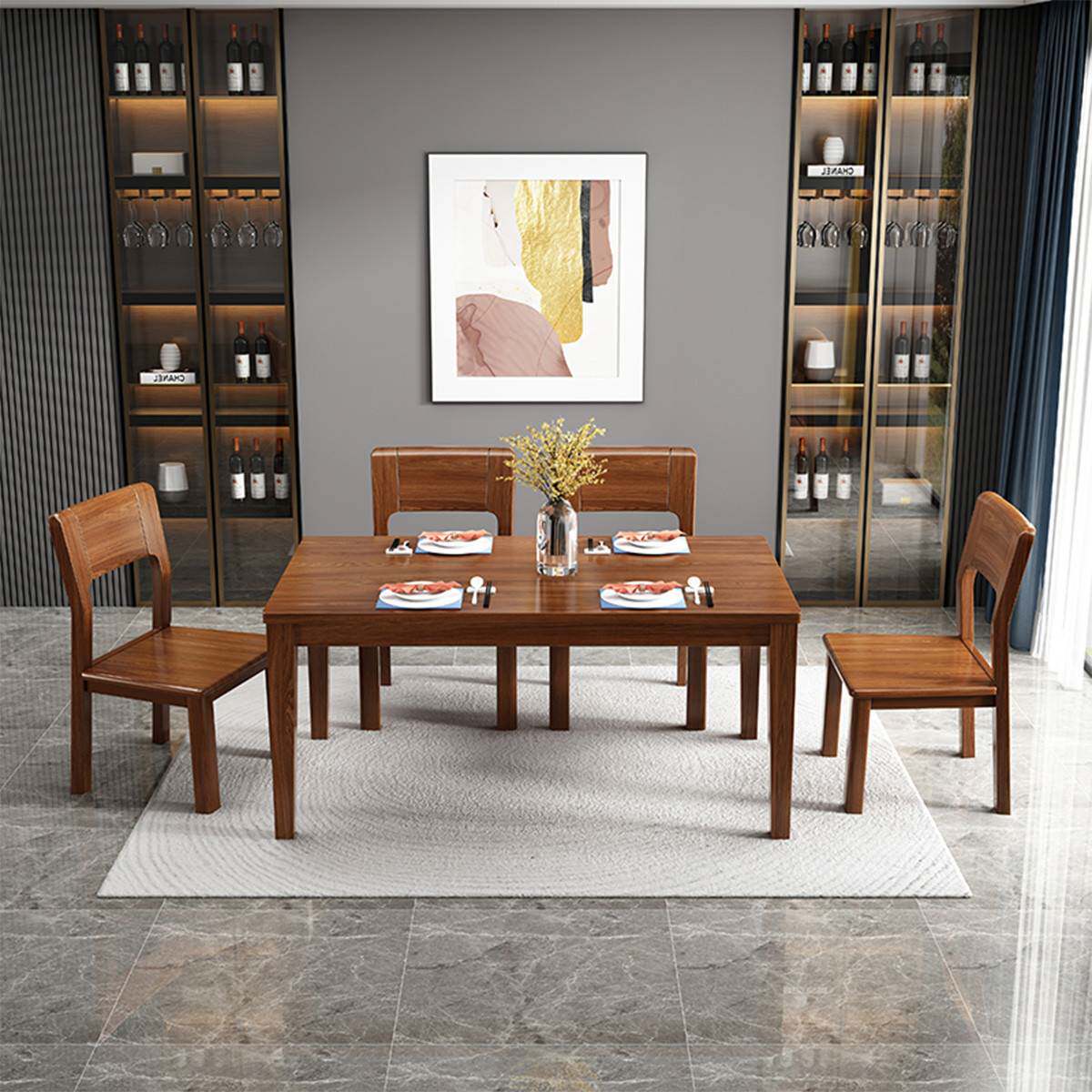 胡桃木实木餐桌椅组合简约现代长方形吃饭桌家用客厅小户型套装