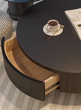 客厅家用小户型网红黑色圆形茶几岩板茶几大小圆茶几组合简约设计