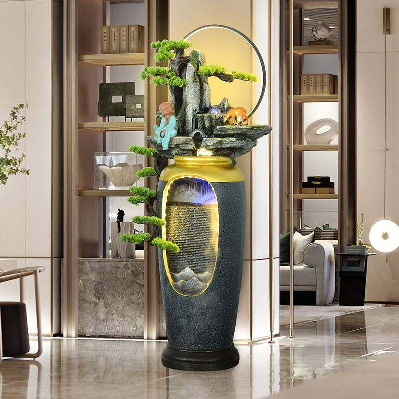 新中式流水喷泉电视柜旁边轻奢落地禅意庭院景观玄关客厅假山摆件