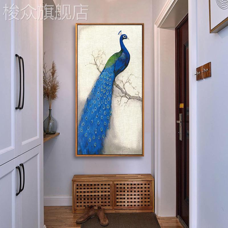 新中式金色孔雀玄关画入户走廊客厅挂画竖版吉祥鸟油画装饰画壁画图片