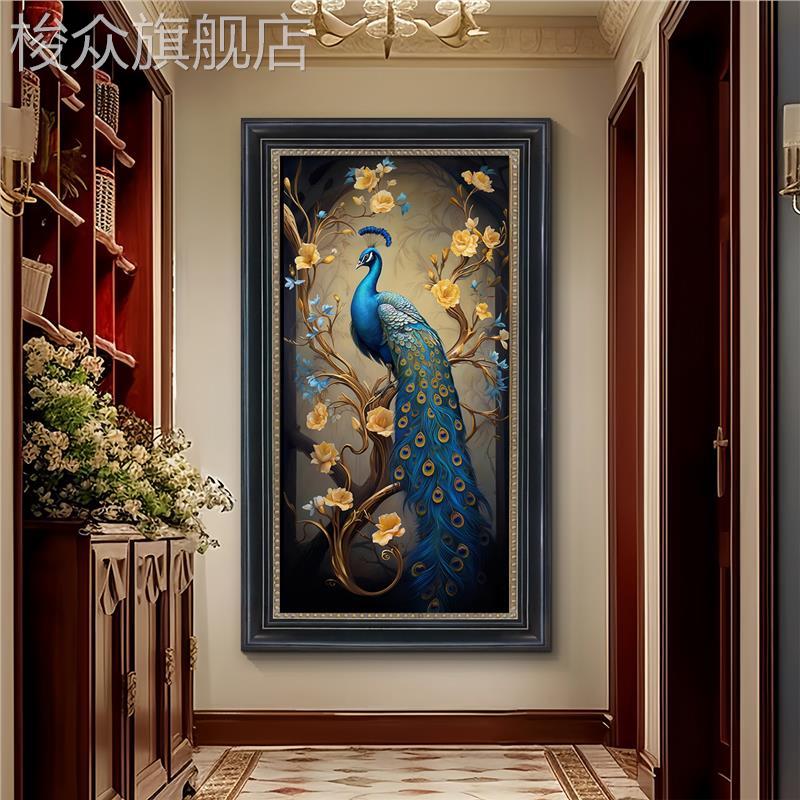 富贵孔雀玄关美式装饰画过道走廊挂画客厅法式复古欧式肌理油画图片
