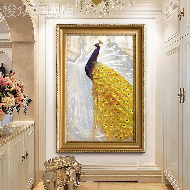 喷绘欧式玄关过道竖版油画 美式客厅装饰画 壁画动物孔雀有框挂画图片