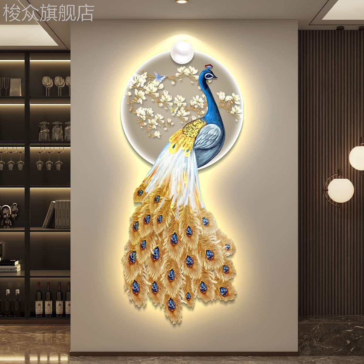 入户门玄关装饰画led带灯孔雀走廊过道挂画简约现代高级大气壁画图片