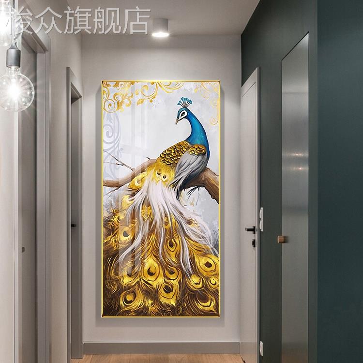 入户玄关简约孔雀发财鹿装饰画过道走廊荷花抽象山水风景墙壁挂画图片