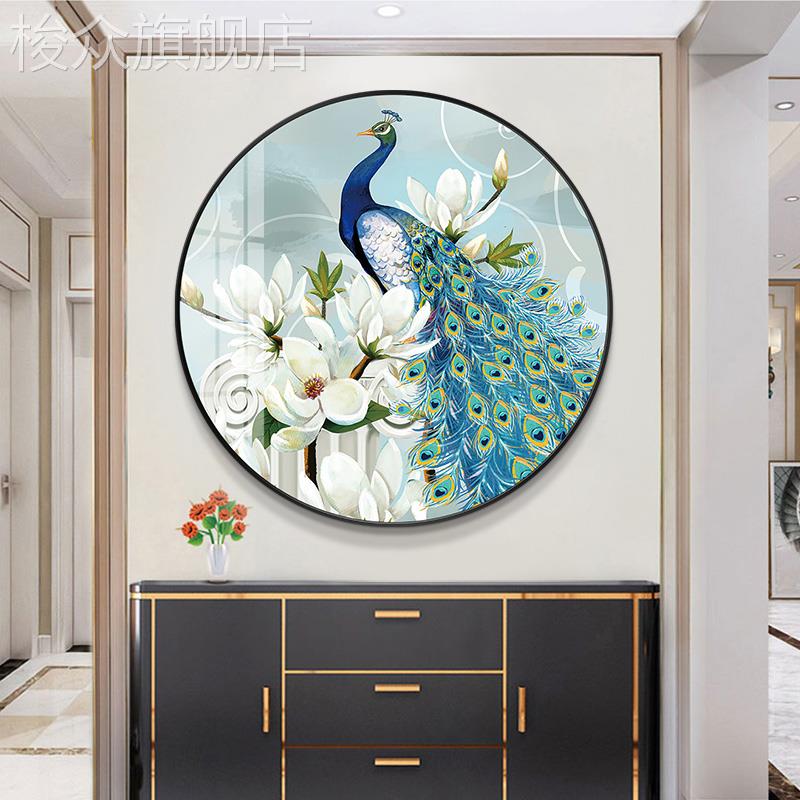 孔雀开屏新中式圆形装饰画客厅餐厅壁画玄关走廊挂画轻奢入户现代图片