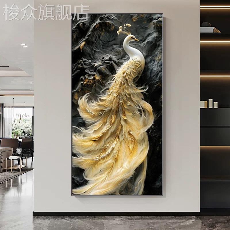 孔雀入户玄关装饰画带led灯轻奢高级感挂画走廊过道墙面壁画图片