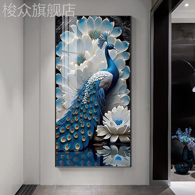 富贵吉祥孔雀挂画现代轻奢玄关装饰画正对门凤凰高档晶瓷走廊壁画图片