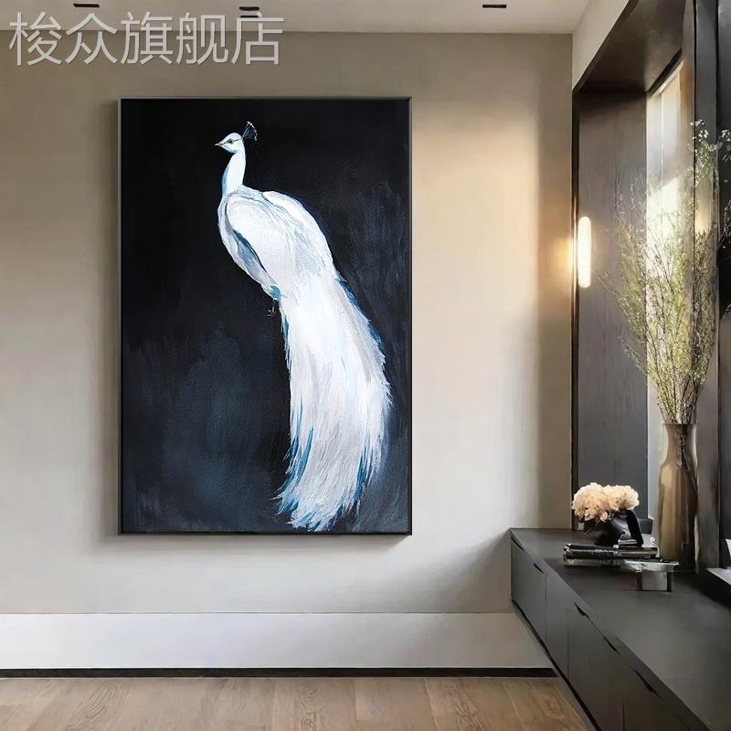 复古中古风孔雀装饰画挂画黑白客厅沙发正对门玄关走廊过道墙壁画图片