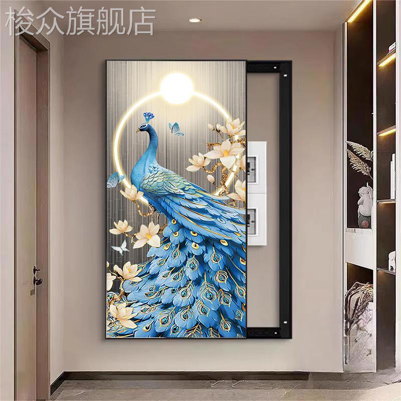 大尺寸推拉电表箱装饰画轻奢孔雀遮挡配电箱总开关消防栓玄关挂画图片