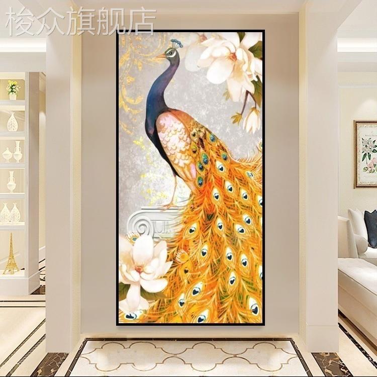 孔雀装饰画欧式玄关画竖版走廊挂画过道壁画现代简约客厅墙画美式图片