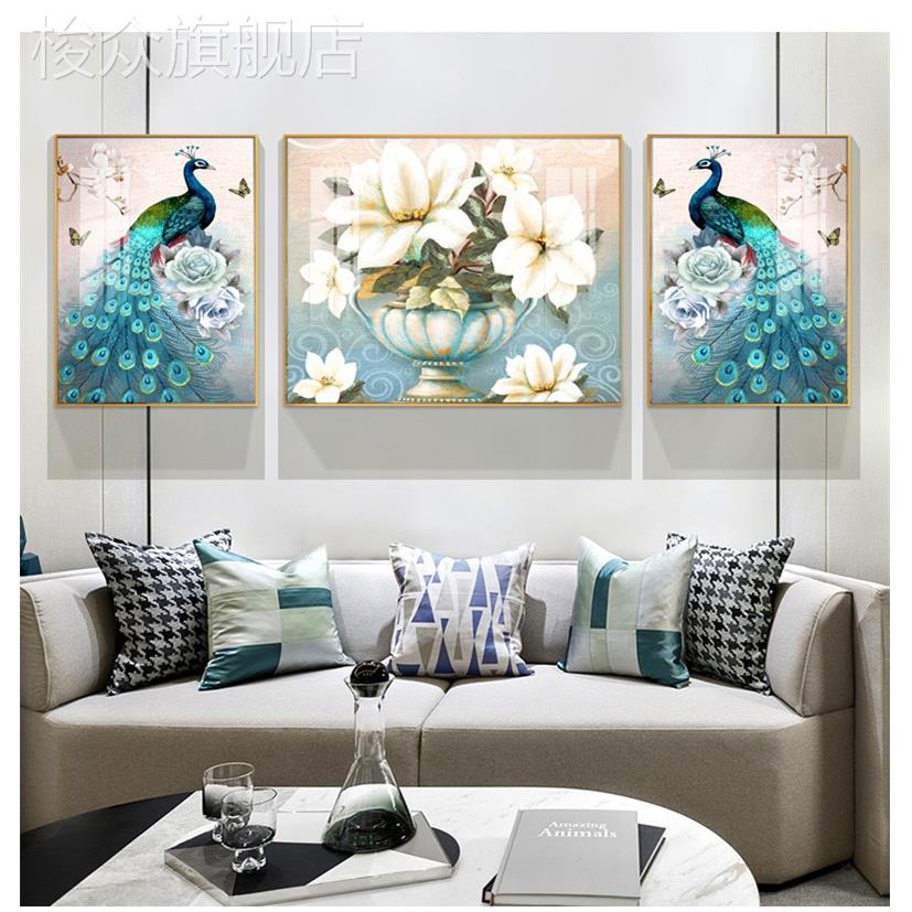 高档客厅挂画沙发背景墙装饰画晶瓷画现代轻奢镶钻富贵孔雀三联画图片