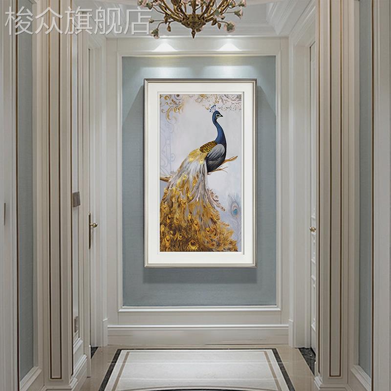 美式玄关入户装饰画简美过道走廊挂画竖版孔雀别墅客厅超大幅壁画图片