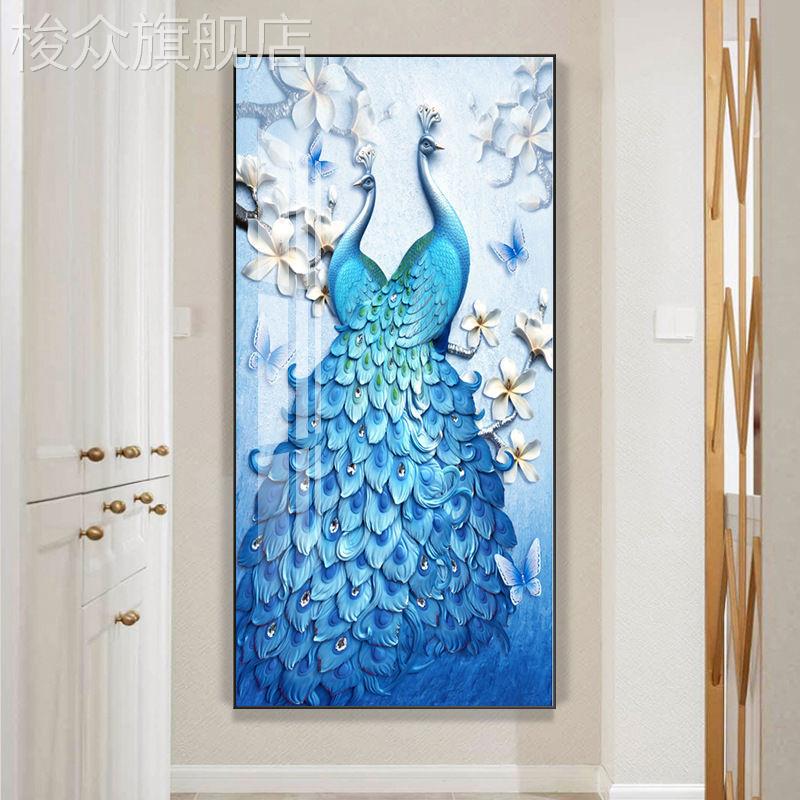 现代轻奢入户玄关壁画客厅高端装饰画走廊竖版水晶瓷画孔雀挂画图片