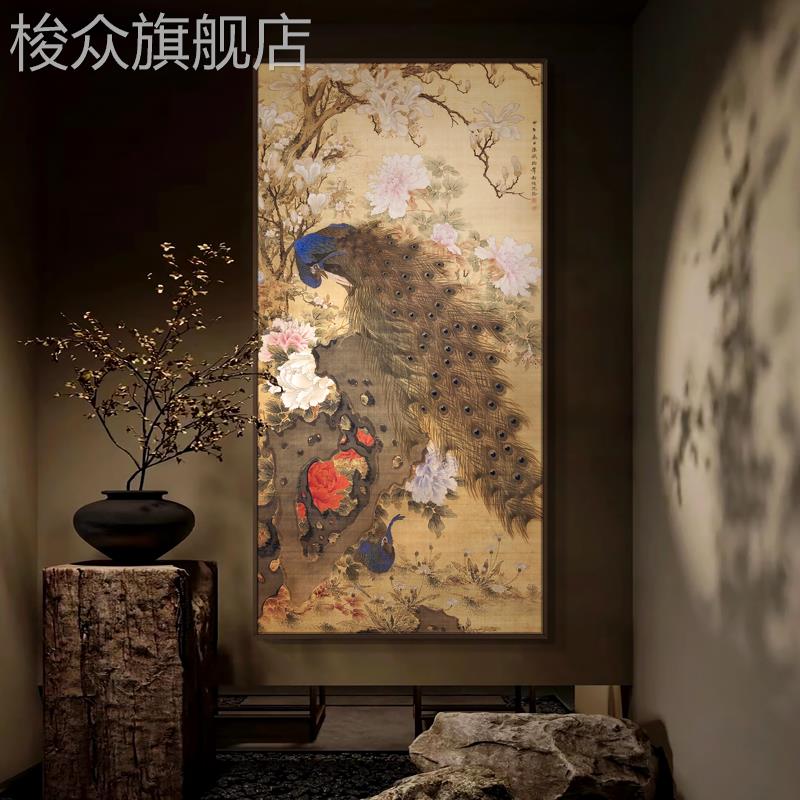 新中式饭店大幅孔雀开屏图装饰画名宿入门玄关过道背景墙竖版挂画图片