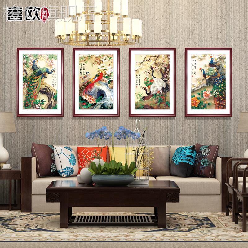 中式孔雀花鸟国画仙鹤凤凰装饰画餐厅壁画客厅背景墙明清古典挂画图片