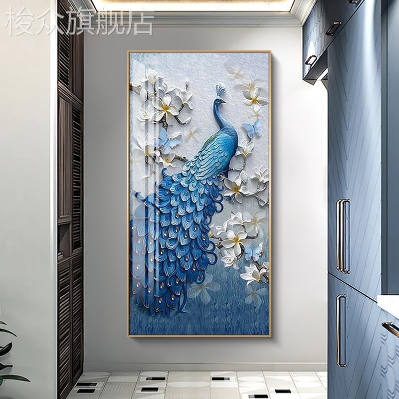 孔雀玄关装饰画走廊过道壁画现代简约轻奢正对门挂画客厅背景墙画图片