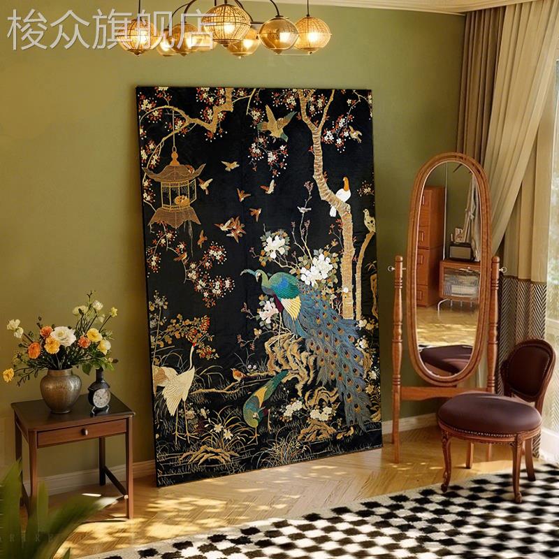 法式中国风孔雀装饰画别墅玄关背景墙壁画餐厅实木漆画书房挂画图片