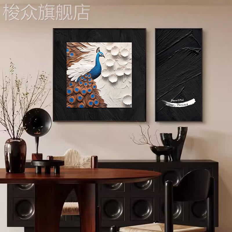 中古风餐厅装饰画寓意好饭厅背景墙挂画现代复古餐桌组合壁画孔雀图片