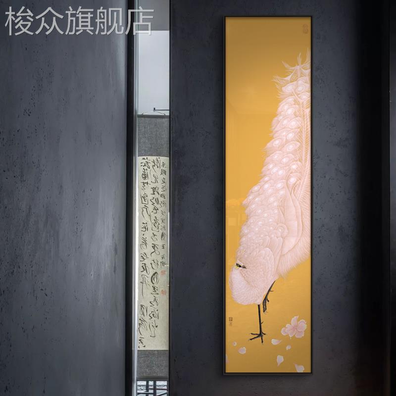 新中式别墅客厅玄关孔雀装饰画 画黄色红色走廊过道卧室挂画 画寓图片
