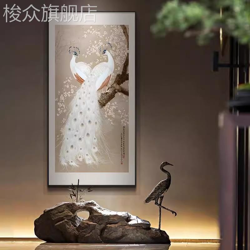 白色孔雀中式寓意好玄关装饰画走廊过道别墅挑空楼梯间花鸟挂画图片