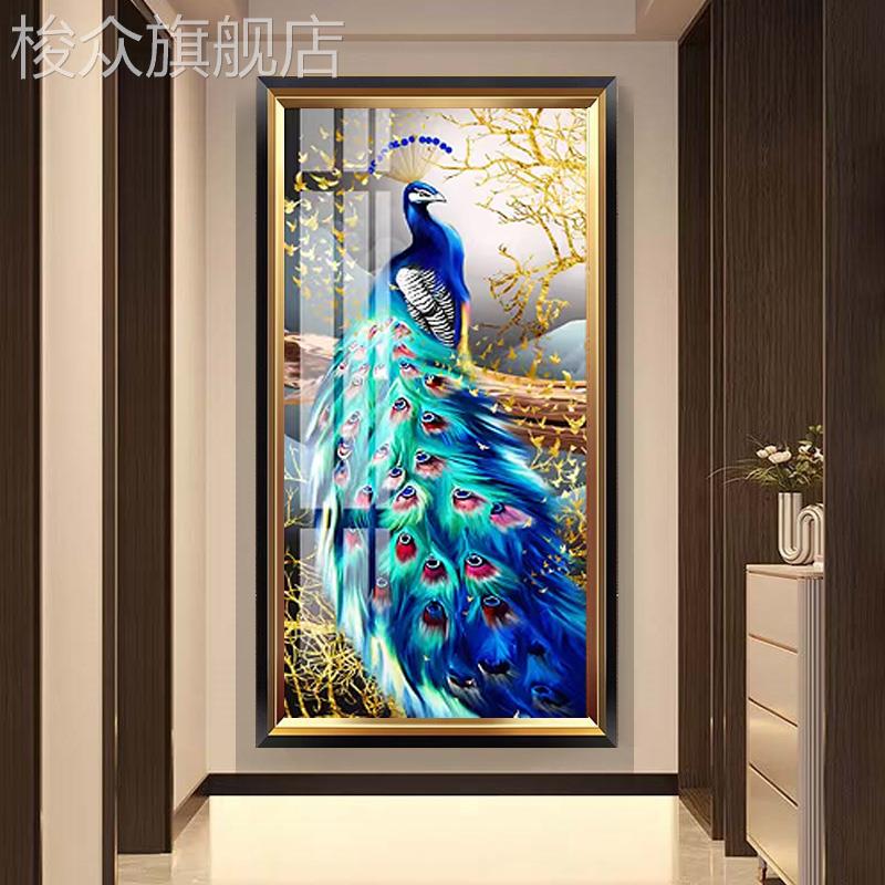 入户正对门玄关装饰画孔雀竖版客厅走廊过道壁画进门现代轻奢挂画图片