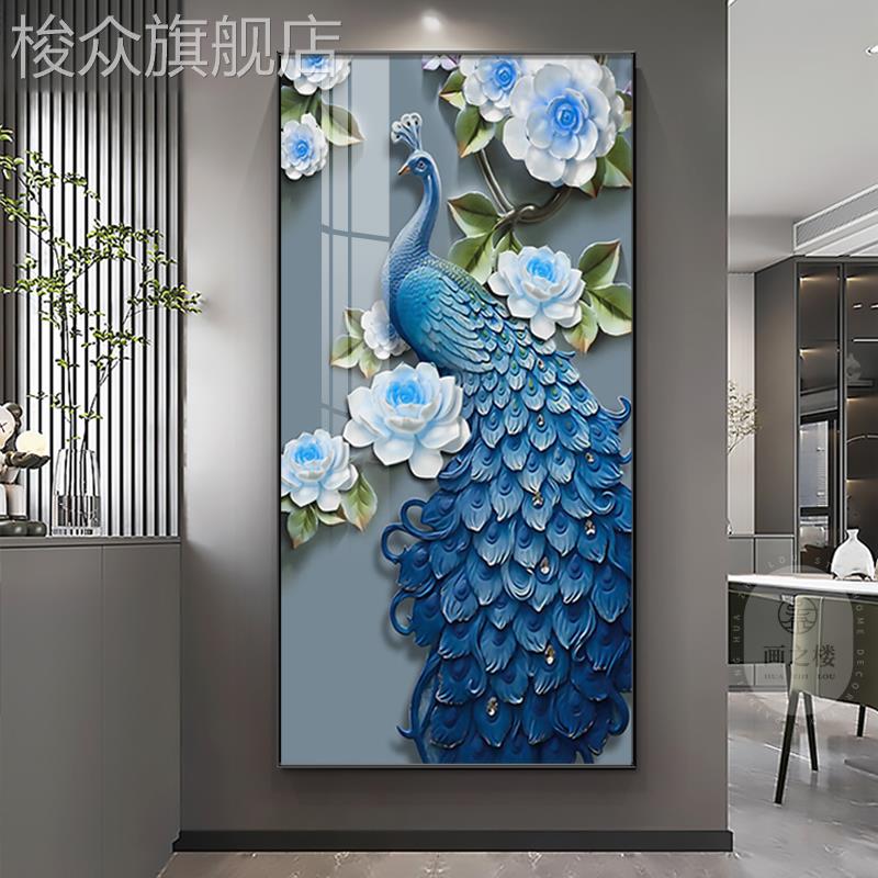 富贵吉祥孔雀装饰画现代轻奢玄关挂画正对门凤凰高档晶瓷走廊壁画图片