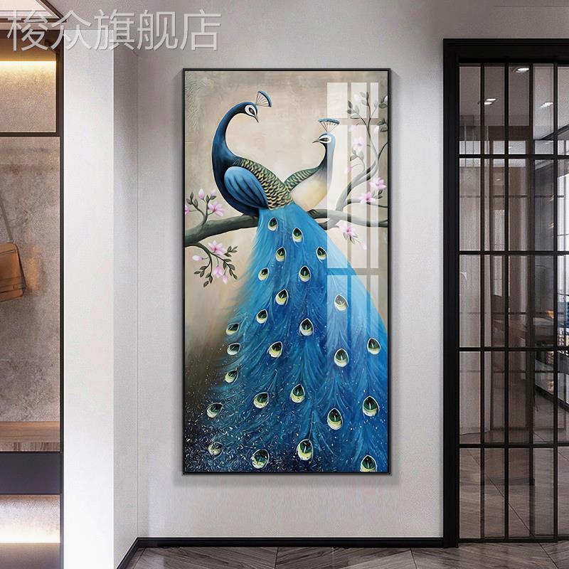 新中式孔雀玄关装饰画入户门正对墙画过道挂画吉祥如意凤凰壁画图片