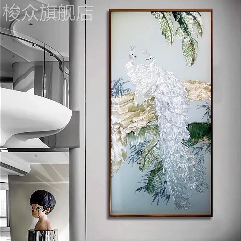 轻奢高级感抽象白色孔雀入户玄关装饰画客厅走廊美式大气高端挂画图片
