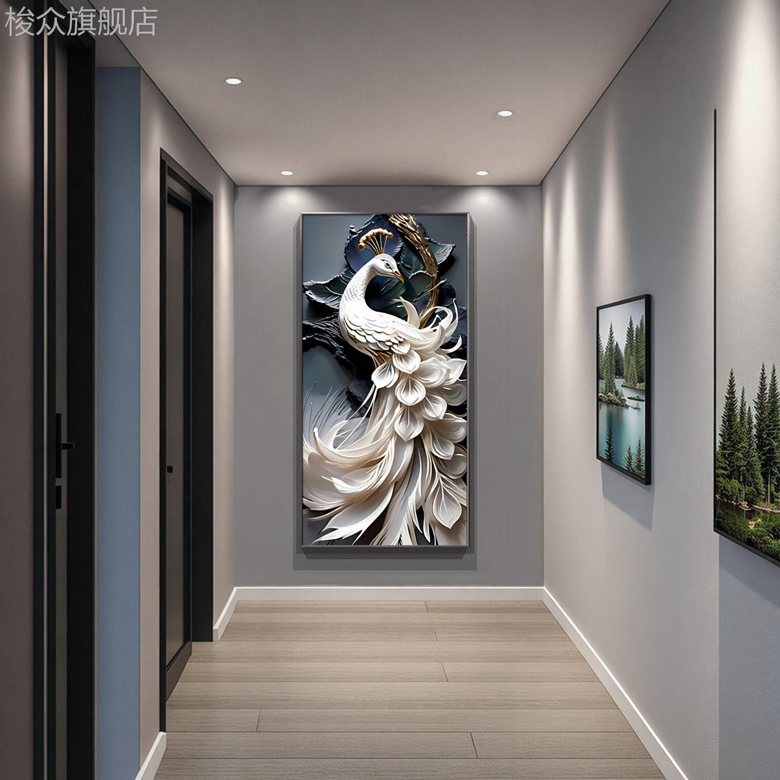 白孔雀对门玄关装饰画入户走廊过道挂画客厅寓意好轻奢现代新中式图片