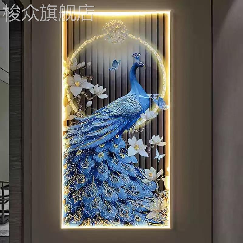 LED灯光烤瓷镶钻装饰画 客厅孔雀玄关挂画 定制铝合金边框新中式图片