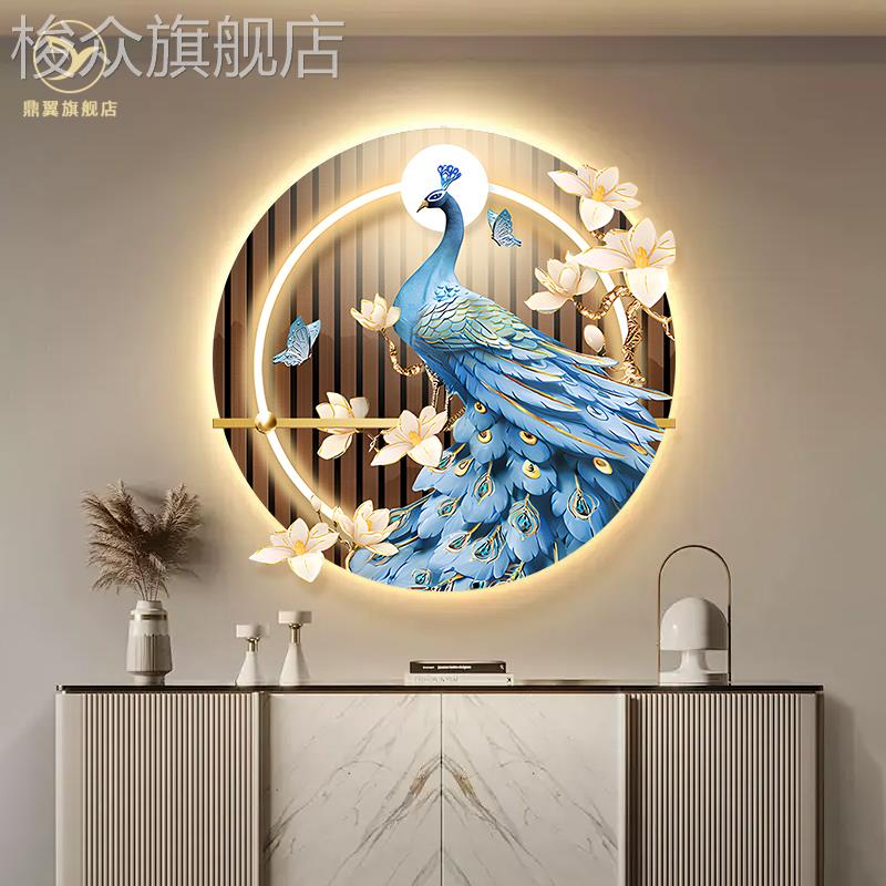 新中式入户玄关装饰画走廊过道带灯轻奢挂画高档孔雀餐厅客厅壁画图片