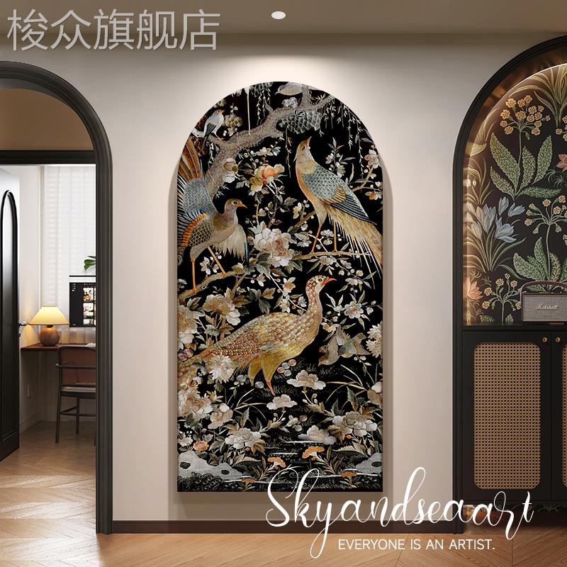 中古风孔雀入户玄关装饰画南洋复古拱形走廊过道挂画高级感墙壁画图片
