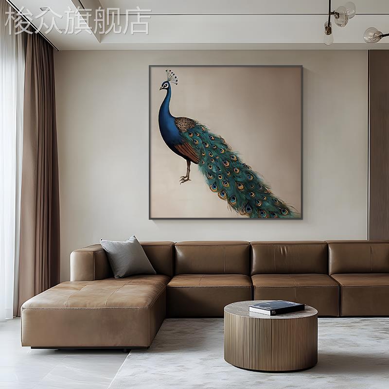 轻奢绿色孔雀客厅正方形装饰画法式复古茶室书房挂画餐厅玄关壁画图片