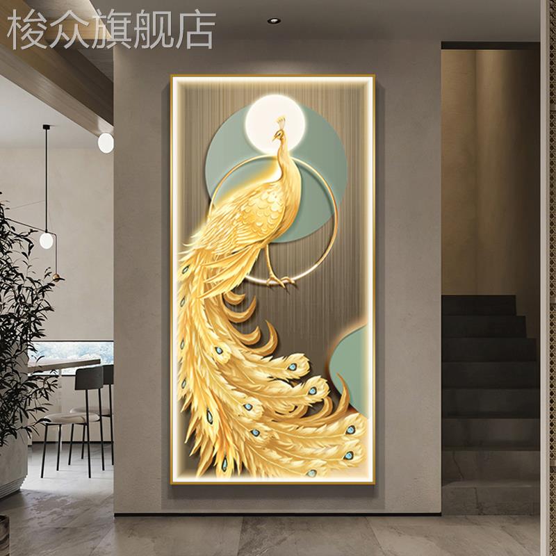 孔雀呈祥LED灯装饰画轻奢发光挂画入户玄关走廊过道楼梯间晶瓷画图片