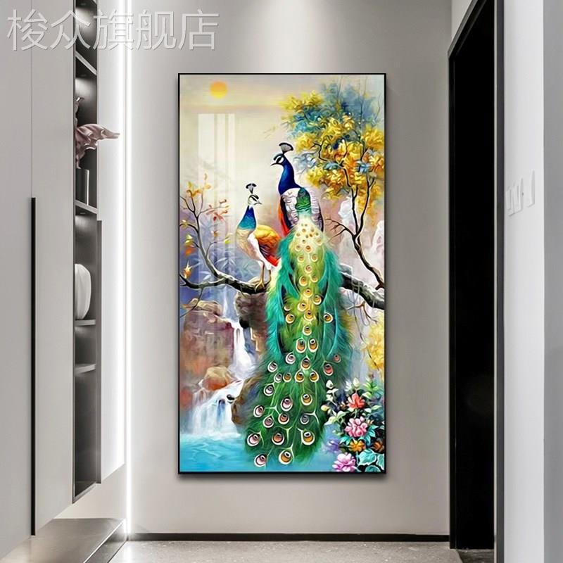 声控灯光晶瓷镶钻装饰画客厅孔雀玄关挂画定制铝合金边框新中式图片