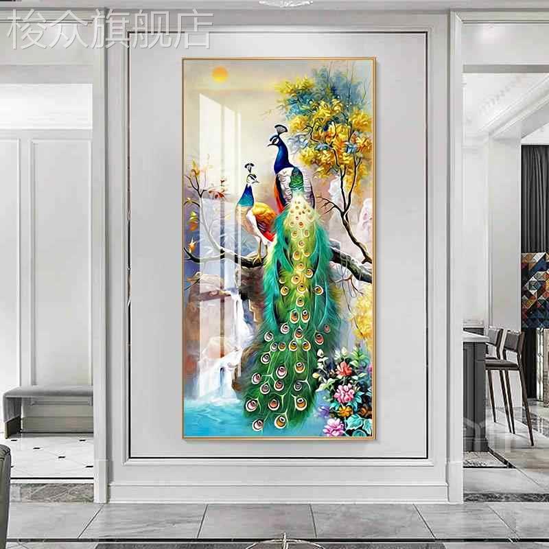 孔雀玄关装饰画走廊过道壁画正对门新中式挂画现代客厅晶瓷画墙画图片