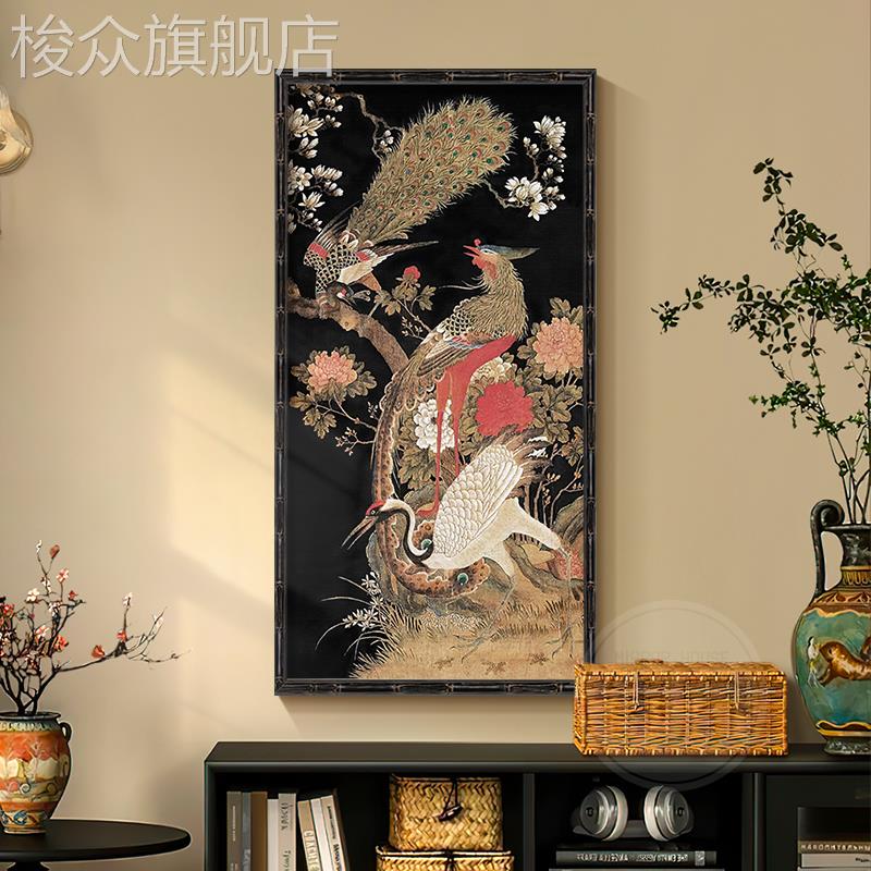 孔雀图 新中式复古宋代美学挂画客厅入户墙壁画玄关装饰画中古风图片