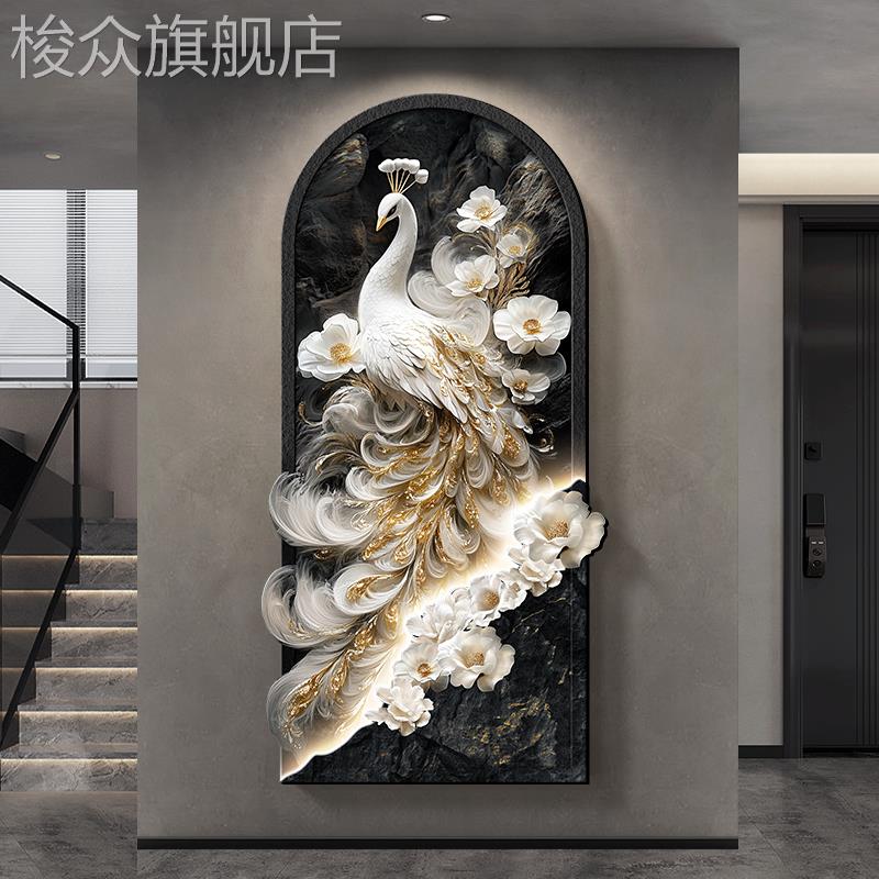轻奢孔雀玄关装饰画寓意好入户正对门壁画高级感走廊过道客厅挂画图片