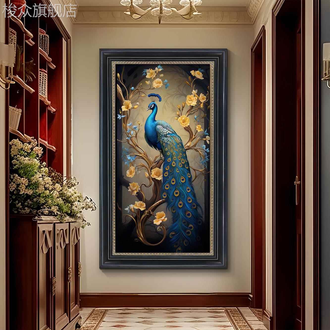 富贵孔雀玄关美式装饰画过道走廊挂画客厅法式复古欧式肌理油画图片