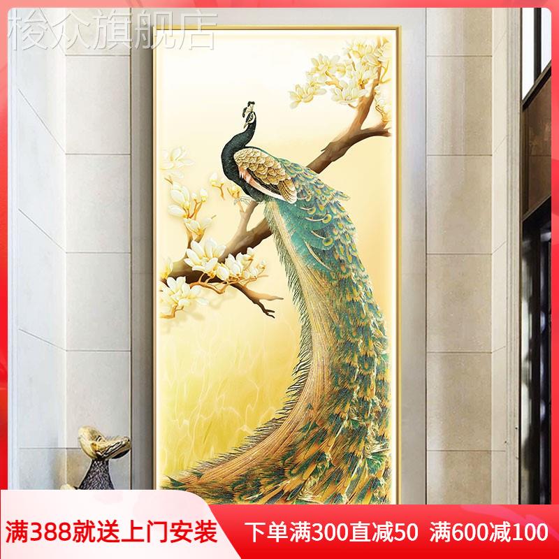 高档孔雀方形玄关灯画装饰画晶瓷发光画LED客厅过道卧室挂画定制图片