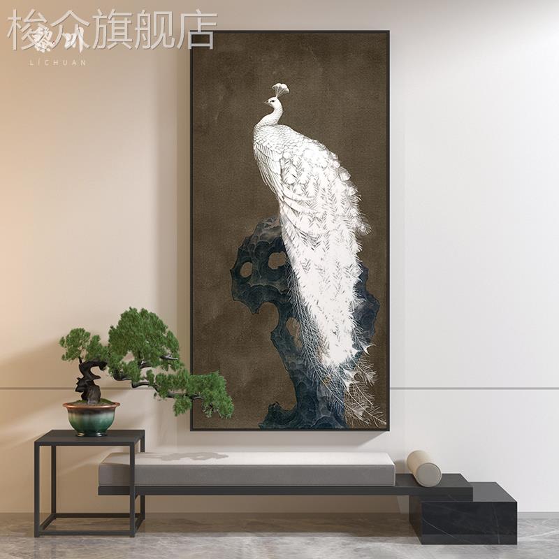 新中式中国风复古白色孔雀高级感客厅装饰画入户玄关壁画竖版挂画图片