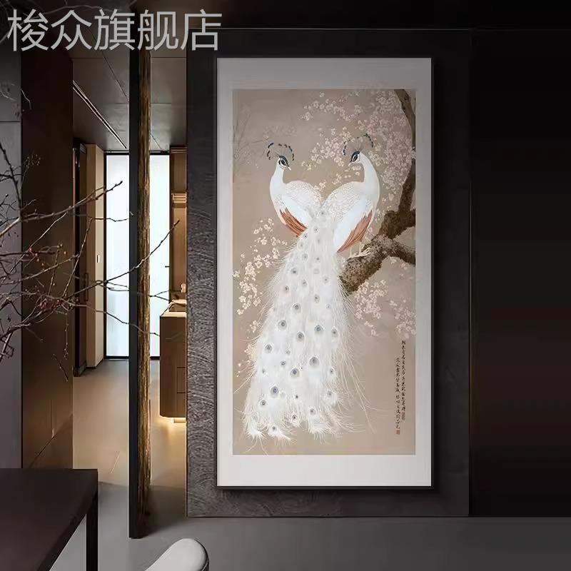 白孔雀玄关中式寓意好走廊过道挂画别墅挑空楼梯间花鸟画装饰画图片