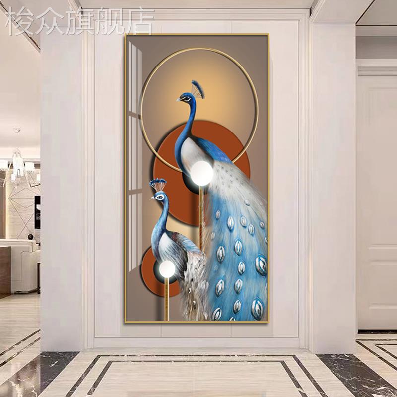 孔雀装饰画现代简约轻奢几何晶瓷画进门玄关竖版挂画过道走廊壁画图片