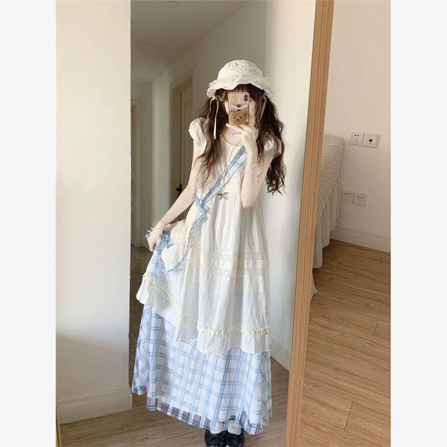 日系甜美可爱宽松白花边色连衣裙女学生款蓝格纹半身裙两件套直销