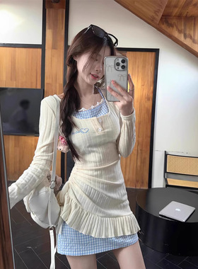 Jody纯欲风挂脖连衣裙女秋季假两件裙子甜辣妹收腰不规则拼接叠穿