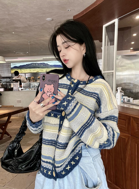 Jody小香风拼色针织开衫秋季新款设计感小众慵懒风毛衣女外套上衣