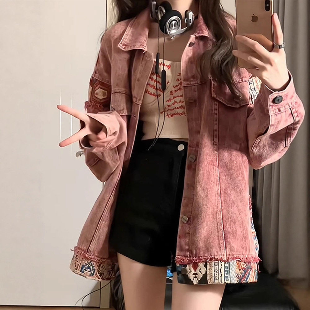 美式复古拼接牛仔外套女春秋宽松设计感小众休闲百搭粉色工装上衣